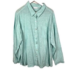Susan Graver Women  LongSleeve Linen Tunic Button Up Shirt 2X Breathable Coastal